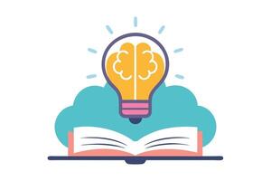 Brain Lightbulb above Open Book with Cloud Cartoon Style on a White Background vector