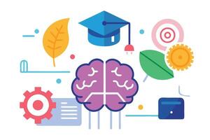 Colorful Education and Learning Concept with Brain, Gears, Hat on White Background vector