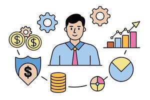 Businessman with Financial Symbols, Pie Chart, Gear, Graph, Coins, Shield on White vector