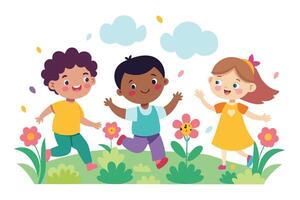 Diverse Children Running Joyfully in Cartoon Style on a Playful White Background vector