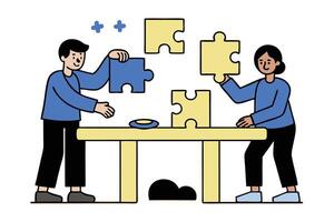 People Solving Jigsaw Puzzle Together On Table In Cartoon Style On White Background vector