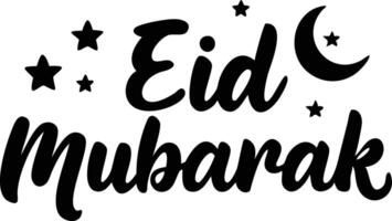 Eid Mubarak Calligraphy Design with Crescent Moon and Stars on White Background vector