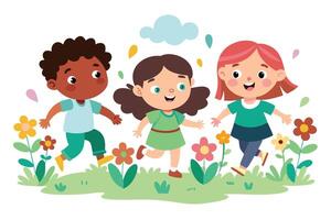 Joyful Cartoon Kids Running in a Flower Field with Transparent Background vector