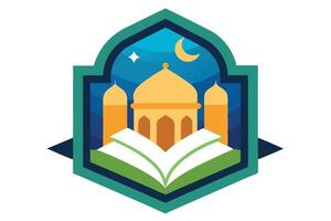 Islamic Building with Geometric Frame, Star, Moon, and Open Book on White vector