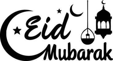 Eid Mubarak Typography with Moon Crescent, Stars, and Lantern Isolated on White vector