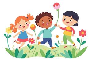 Joyful Cartoon Children Running Through Meadow with Flowers on White Background vector