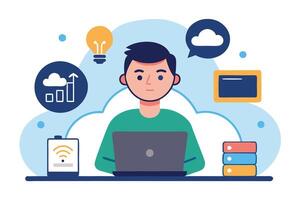 Man With Laptop surrounded by cloud computing, WiFi, Servers, and Lightbulb Icons vector