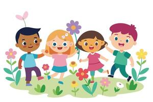 Cartoon of Joyful Multicultural Children Playing in Flower Field vector