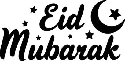 Eid Mubarak Script Calligraphy with Crescent Moon and Stars on White Background vector