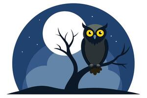 Flat of Owl Perched on a Branch with Moon in Night Sky vector