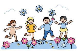 Cartoon Kids Walking Over Flower Hill with Sky Background vector