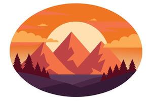 Flat Design Mountain Landscape in Circle Shape with Orange Sky and Trees vector