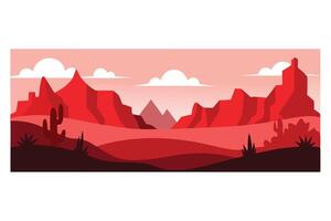 Red Desert Landscape, Mountains, Cactus Silhouette with Sky in Flat Style vector