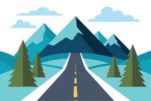 Road Leading to Blue Mountains, Evergreen Trees, Clouds Against White Background vector