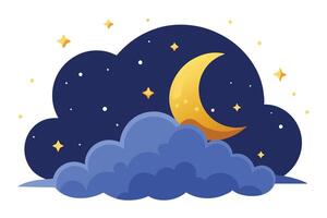 Crescent Moon, Stars, and Clouds in a Stylized Night Sky with Transparent Background vector