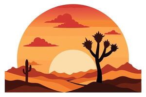 Desert Landscape with Cactus, Mountains, and Sun in Style vector