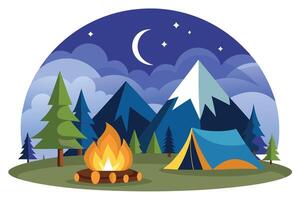 Camping Tent by Bonfire Under Moonlight Mountain Scenery vector