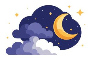 Cartoon Crescent Moon, Clouds, and Stars on Transparent Background Icon vector