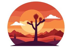 Joshua Tree Flat Design with Mountains, Desert Landscape under Orange Sky in Circle vector