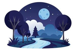 Flat Landscape with River, Trees, Moon, Clouds and Stars against Night Sky Backdrop vector