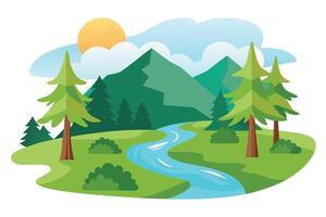 Flat landscape with green mountains, river and trees on white vector