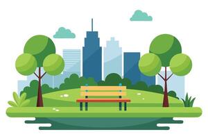 Minimalist City Park with Bench, Trees, Clouds, and Skyline on White vector