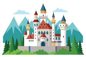 Fairytale Neuschwanstein Castle with Tower and Mountain in Flat Design on White vector