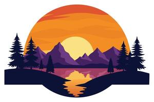 Flat Design Landscape with Mountains, Trees, Water Reflection at Sunset vector