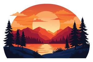 Minimalist Mountain Lake Landscape with Pine Trees, Sunset Sky in Red and Orange Tones vector