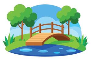 Landscape with Wooden Bridge, Green Trees, and Blue Pond in Flat Style vector