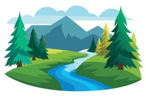 Mountain Landscape with River, Clouds, and Evergreen Trees vector