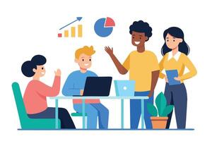 Diverse Team People, Table, Laptop, Plant Pot on White Background vector
