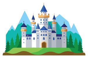 Fairytale Castle on Hill with Forest and Blue Mountains, Geometric, Simple Design vector
