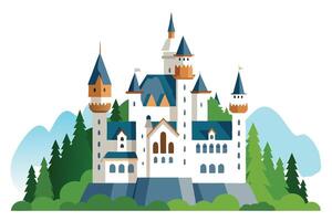 Flat of Neuschwanstein Castle with Trees and Mountains vector