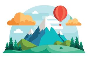 Flat Landscape with Red Hot Air Balloon, Mountains, Trees, and Clouds vector