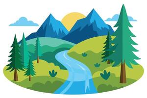 Serene Mountain River Landscape Flat Design with Pine Trees, Sun and Cloudy Sky vector