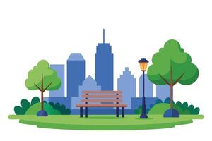 Flat Bench in City Park with Lamp Post and Trees on White Background vector