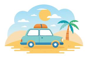 Retro Blue Car With Luggage on Beach, Palm Tree, Sun, Sky and Clouds Flat vector