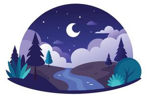 Serene Nightscape with Crescent Moon, Trees, Clouds and Winding River vector