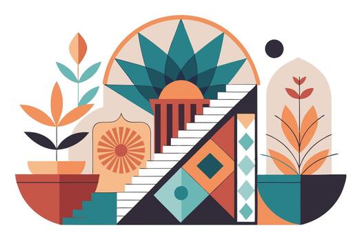 Abstract Composition With Geometric Shapes, Plants, Steps on a White Background vector