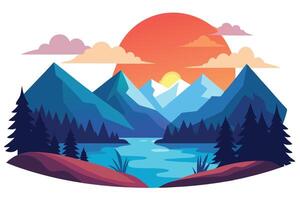 Flat Landscape with Mountain Range, Forest, Lake, Red Sun, and Clouds on White vector