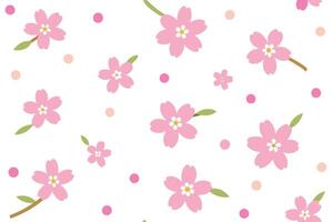 Repeating Pink Sakura Blossom Floral Pattern with Dots on a White Background vector