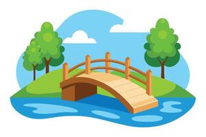 Cartoon Bridge Over River with Trees, Sky, Clouds, Nature, and Outdoor Views vector