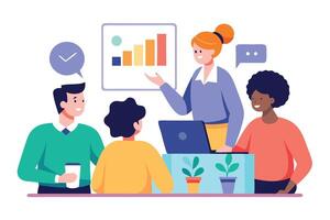 Diverse Business Team Reviewing Growth Chart on Laptop in Stylish Flat Design vector