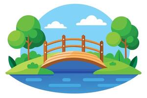Charming Landscape with Rounded Trees, Blue Sky, Clouds and Wooden Bridge Over River vector