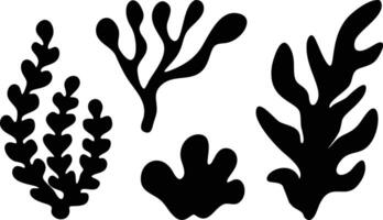 Abstract Black Seaweed Shapes Set, Minimalist Algae Elements on Transparent Background vector