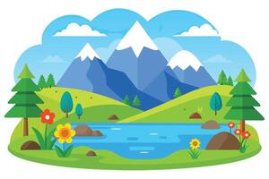 Flat Snowy Mountains, Lake, Red and Yellow Flowers with Transparent Background vector