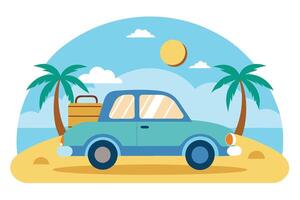 Retro Blue Car with Suitcase on Beach Scenery Background with Palm Trees and Sun vector