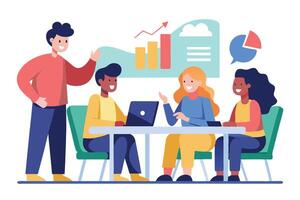Diverse Group Working at Desk with Laptop, Charts, and Speech Bubbles vector