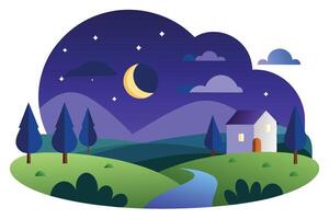 Dreamy Nightscape Flat with Moon Stars Trees House and Rolling Green Hills vector